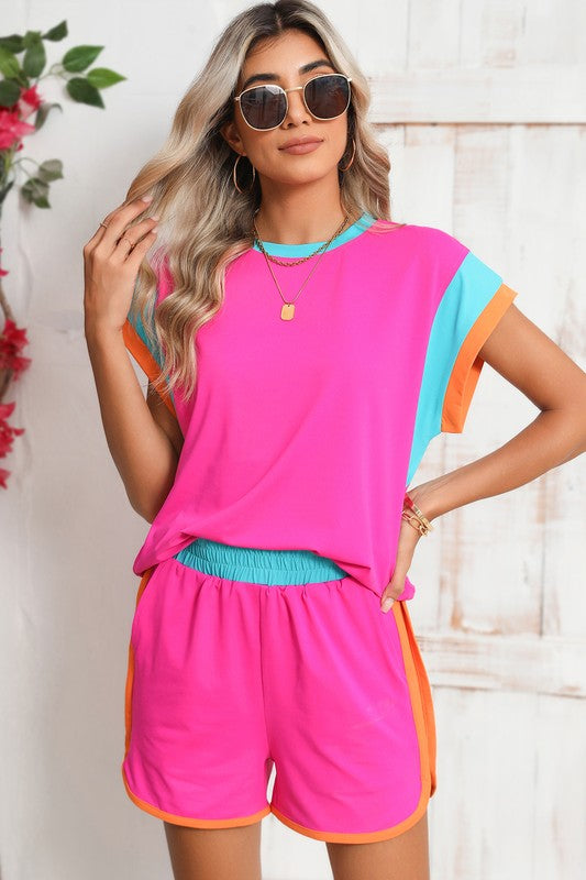 Contrast Trim Cap Sleeve Tee Shorts Set THRIXINE