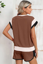 Contrast Trim Cap Sleeve Tee Shorts Set THRIXINE
