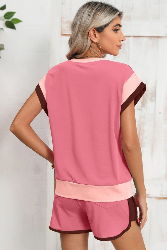 Contrast Trim Cap Sleeve Tee Shorts Set THRIXINE