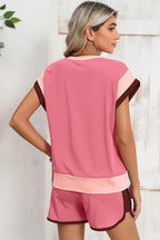 Contrast Trim Cap Sleeve Tee Shorts Set THRIXINE