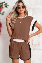 Contrast Trim Cap Sleeve Tee Shorts Set THRIXINE