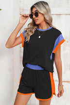 Contrast Trim Cap Sleeve Tee Shorts Set THRIXINE