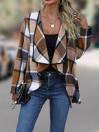 Elegant Plaid Open Front Long Sleeve Jacket Stylish & Cozy Lightweight Breathable Outerwear