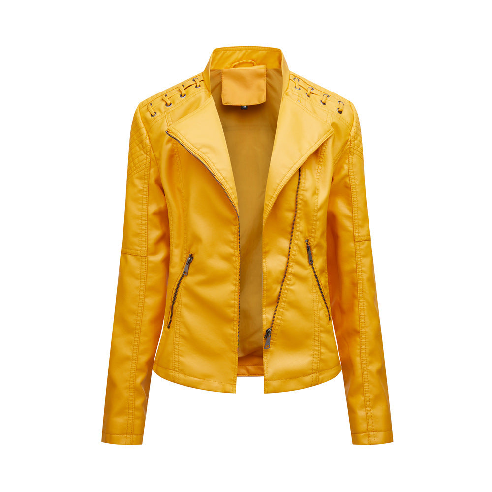 Pi-Mart Women's PU Leather Motorcycle Jacket - Slim Fit Short Biker Jacket with Lapel Collar (S-XXXL)