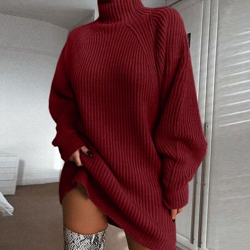 Solid Turtleneck Long Sweater Winter Warm Women Sweater Dress Pi-Mart