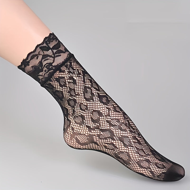 6 Pairs Floral Lace Fishnet Socks, Ultra-thin Ankle Socks, Women's Stockings & Hosiery