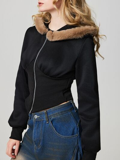 Black Fuzzy Hem Hooded Zip-Up Jacket With Long Sleeves and Casual Style Jacket Stevvex