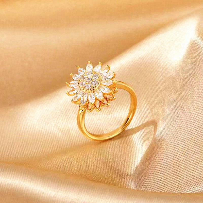 Rotating SUNFLOWER Full Diamond Sunflower Ring Pi-Mart