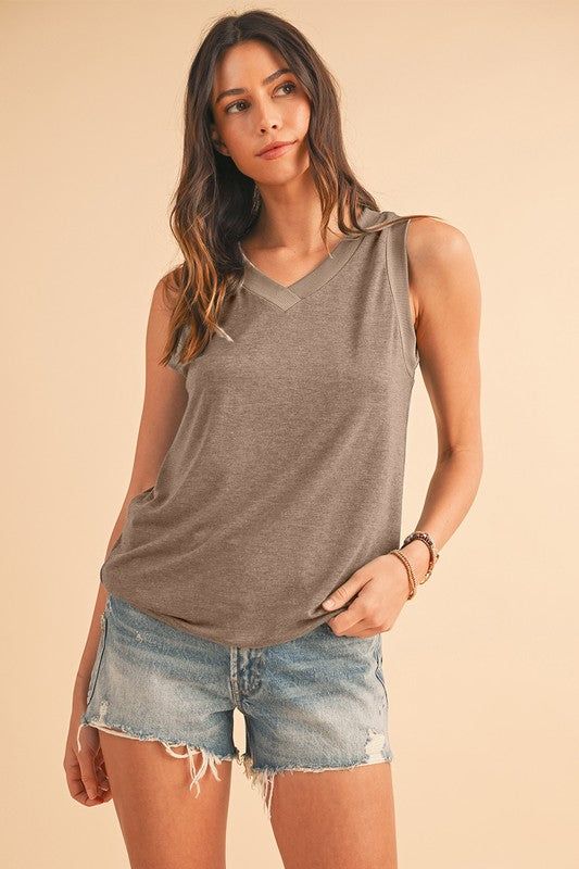 Ribbed V Neck Tank THRIXINE