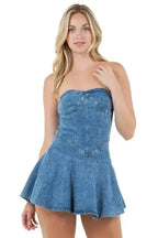 Strapless Denim Mini Dress - Back Zipper & Elastic Waist | Femstylo