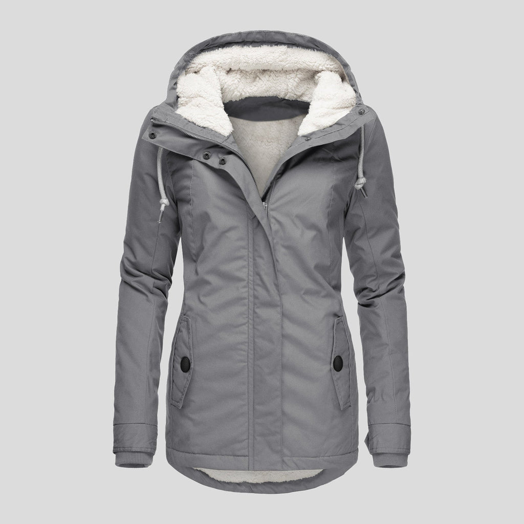 Winter Hooded Jacket Solid Color Warm Buckle Zip-up Fleece Jacket With Pockets Women's Casual Jacket Pi-Mart