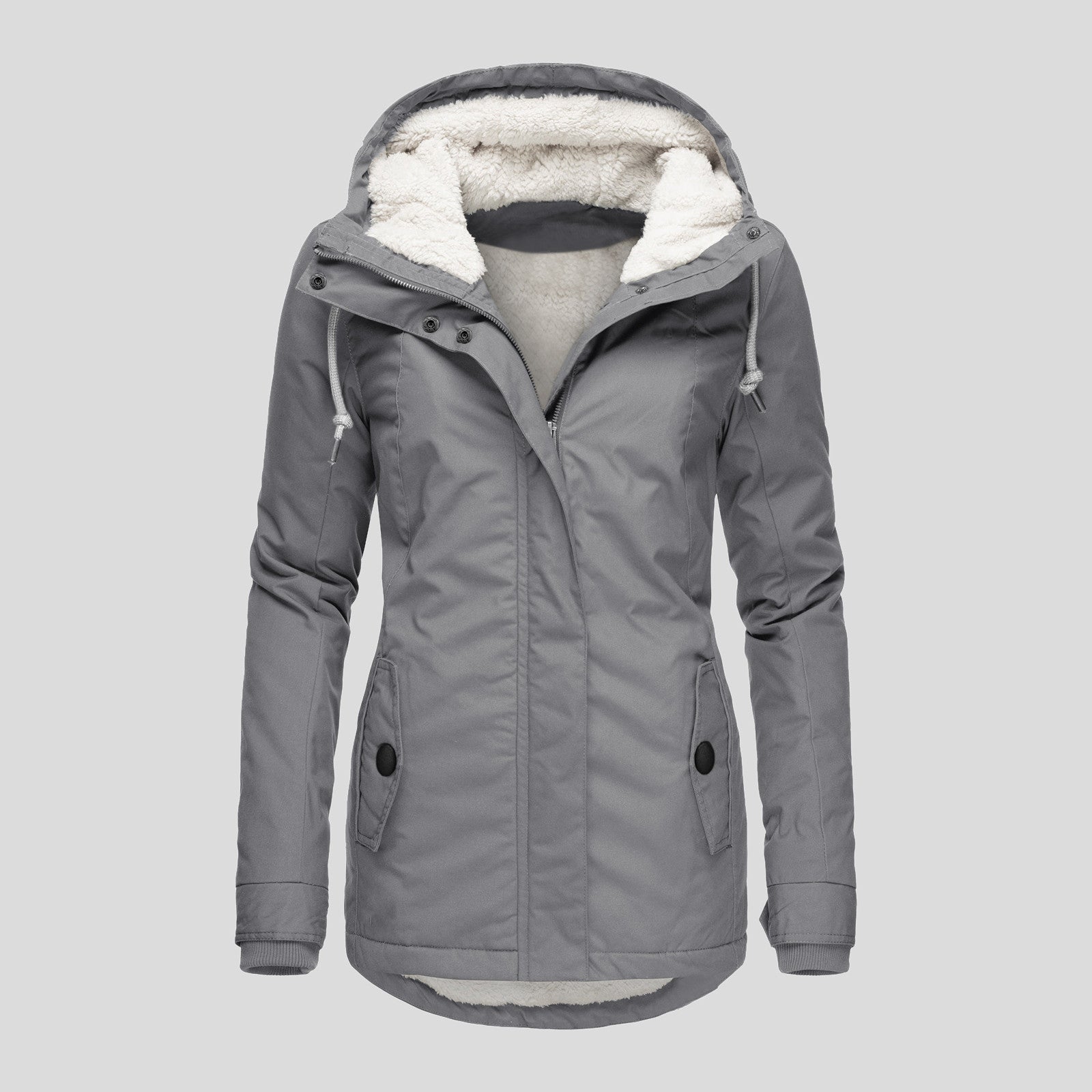 Winter Hooded Jacket Solid Color Warm Buckle Zip-up Fleece Jacket With Pockets Women's Casual Jacket Pi-Mart