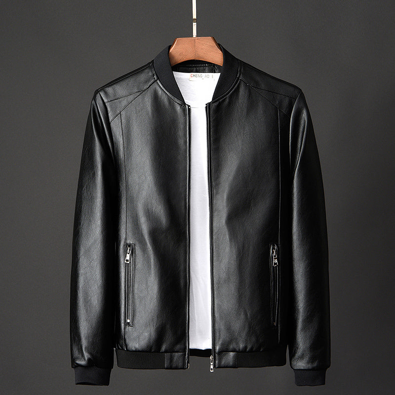 Slim Fit Men's PU Leather Jacket - Stand Collar Motorcycle Style Jacket (Regular Length) Pi-Mart