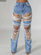 Women's Destroyed Ripped Hole Denim Pants Pearl Rhinestones Chain Distressed Slim Fit Skinny Jeans Y2K Night Club Party Jeans Purplish Diva