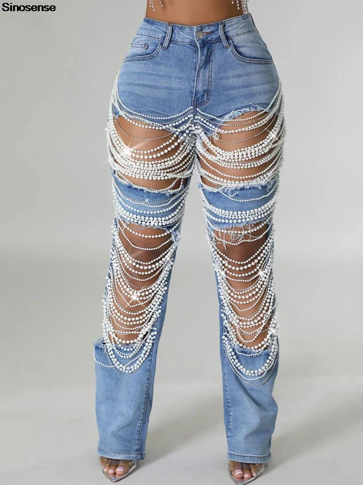 Women's Destroyed Ripped Hole Denim Pants Pearl Rhinestones Chain Distressed Slim Fit Skinny Jeans Y2K Night Club Party Jeans Purplish Diva