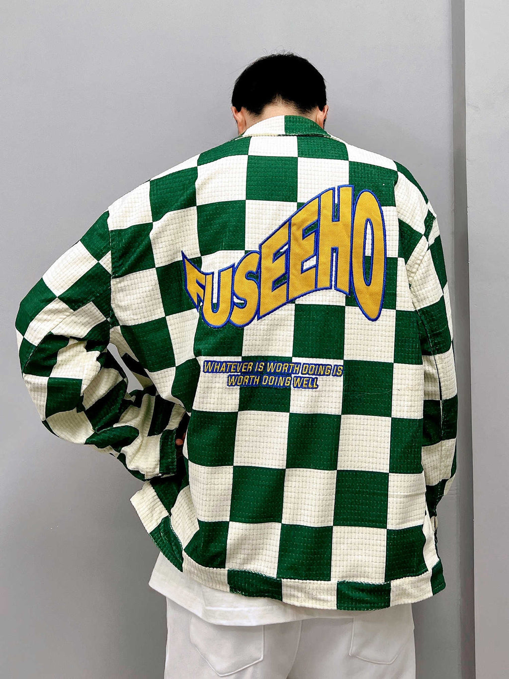 Retro Contrast Color Green Plaid Lapel Jacket Men Pi-Mart