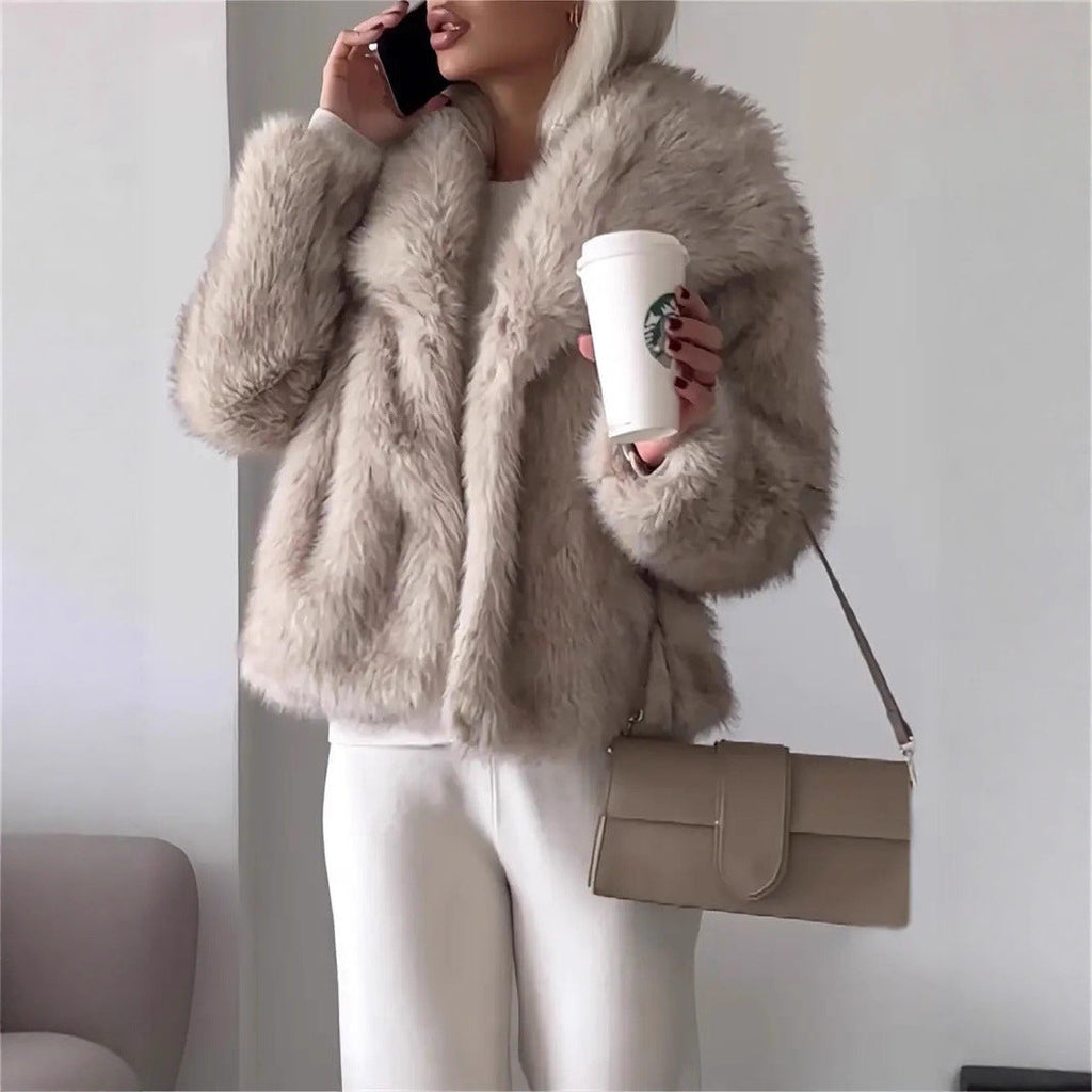 Gradient Dyed Pointed Lapel Long Sleeve Artificial Fur Coat Pi-Mart