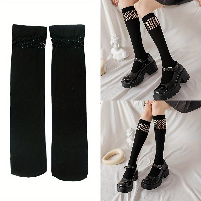 Fishnet Patchwork Calf Socks, JK College Style Knee High Socks, Women's Stockings & Hosiery Lootquake LLC