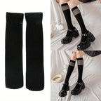 Fishnet Patchwork Calf Socks, JK College Style Knee High Socks, Women's Stockings & Hosiery Lootquake LLC