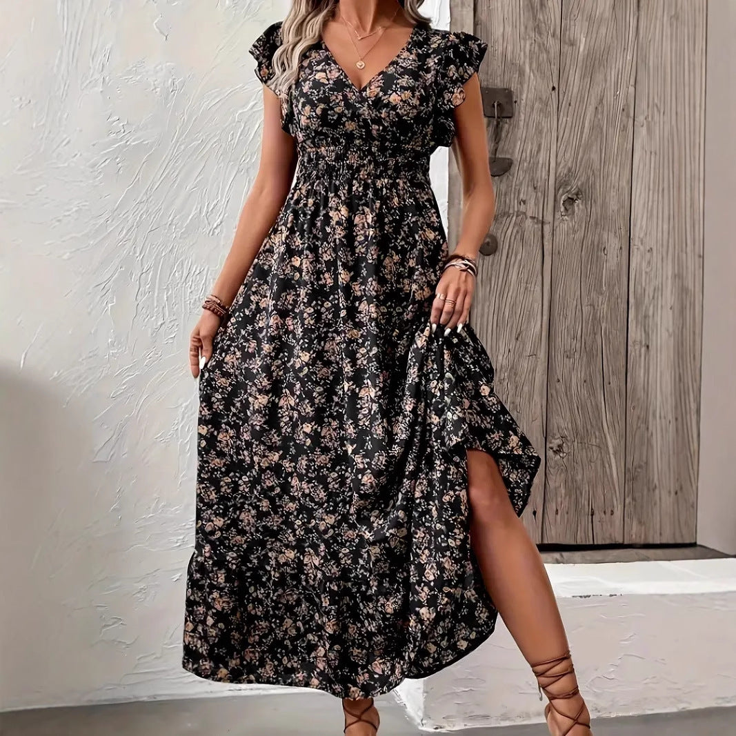 Fashion Floral Long Sleeve Waist Swing Dress Lootquake LLC