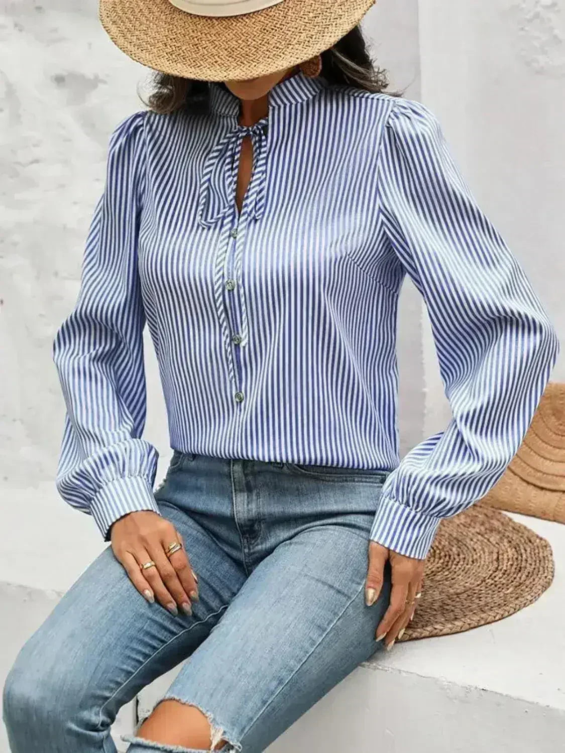 Striped Tie Neck Long Sleeve Blouse – Femstylo - SJB-DIAMOND ELITES