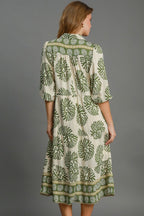 Matcha Green Full Size Print Midi Dress Plus Size Boho Chic Dress Lightweight Women Dress