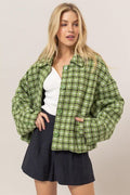 Cute Green Tweed Plaid Button Up Collared Neck Jacket Classic & Elegant Layering Piece Everyday Jacket Stevvex