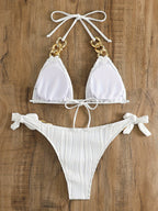 Bikini Ruched Texture Golden Chain 2 Piece Triangle Swimsuit for Women – Striped Halter Bikini Set with Bow Tie Side and Elegant Ring Link Detail – Stretchy Beachwear for Pool Bathing and Summer Vacations