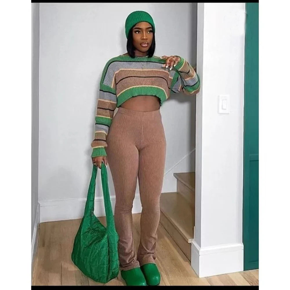 Women 2 Piece Set Long Sleeve Striped Sweater and Sweat Pants Suits 2024 Winter Fitness Active Two Piece Lounge Sets Tracksuit Purplish Diva