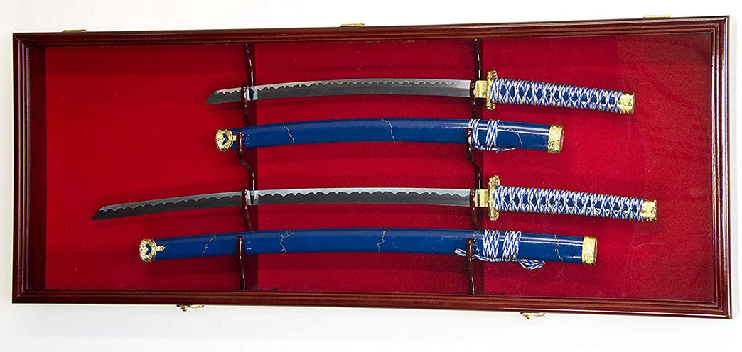 2 Sword Display Case Cabinet Stand Holder Wall Rack Box - Cherry Lockable w/ 98% UV Protection The Military Gift Store