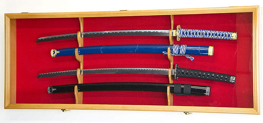 2 Sword Display Case Cabinet Stand Holder Wall Rack Box - Oak Lockable w/ 98% UV Protection The Military Gift Store