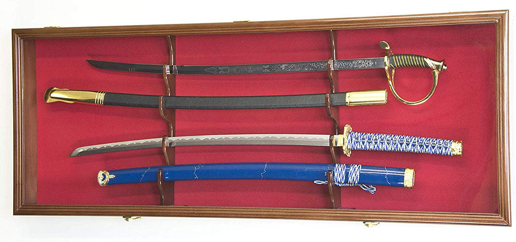 2 Sword Display Case Cabinet Stand Holder Wall Rack Box - Walnut Lockable w/ 98% UV Protection The Military Gift Store