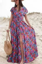 Floral Print V-Neck Wrap Maxi Dress - Women's Elegant Long Dress