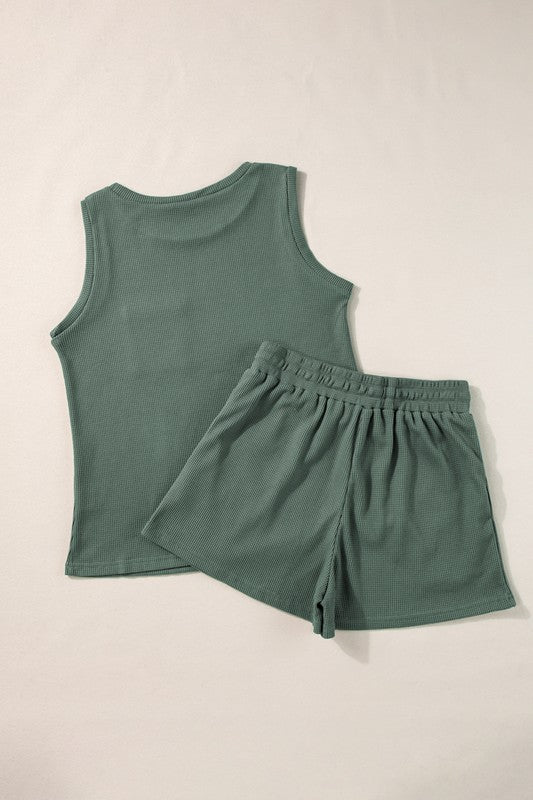 Knit Patched Pocket Tank and Drawstring Shorts Set - SJB-DIAMOND ELITES