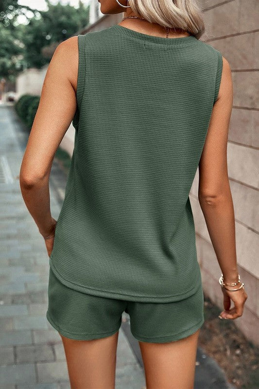 Knit Patched Pocket Tank and Drawstring Shorts Set - SJB-DIAMOND ELITES