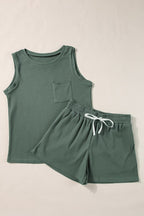 Knit Patched Pocket Tank and Drawstring Shorts Set - SJB-DIAMOND ELITES