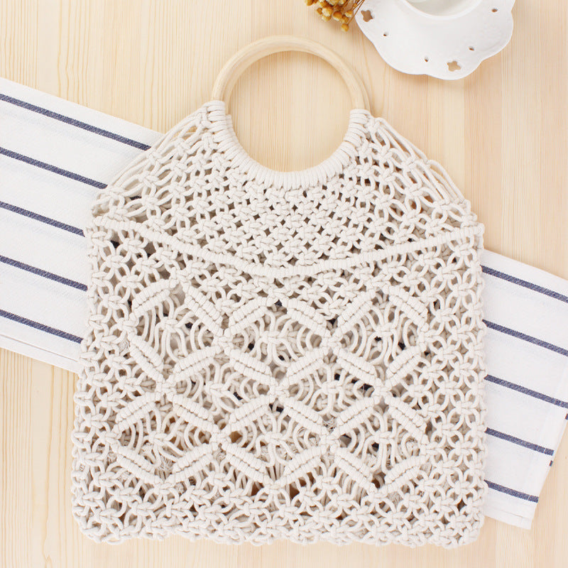Popula Cotton Rope Hollow Straw Bag Sheer Macrame Tote wooden ring rattan handle Net Bag Vintage Retro Chic handbag Pi-Mart