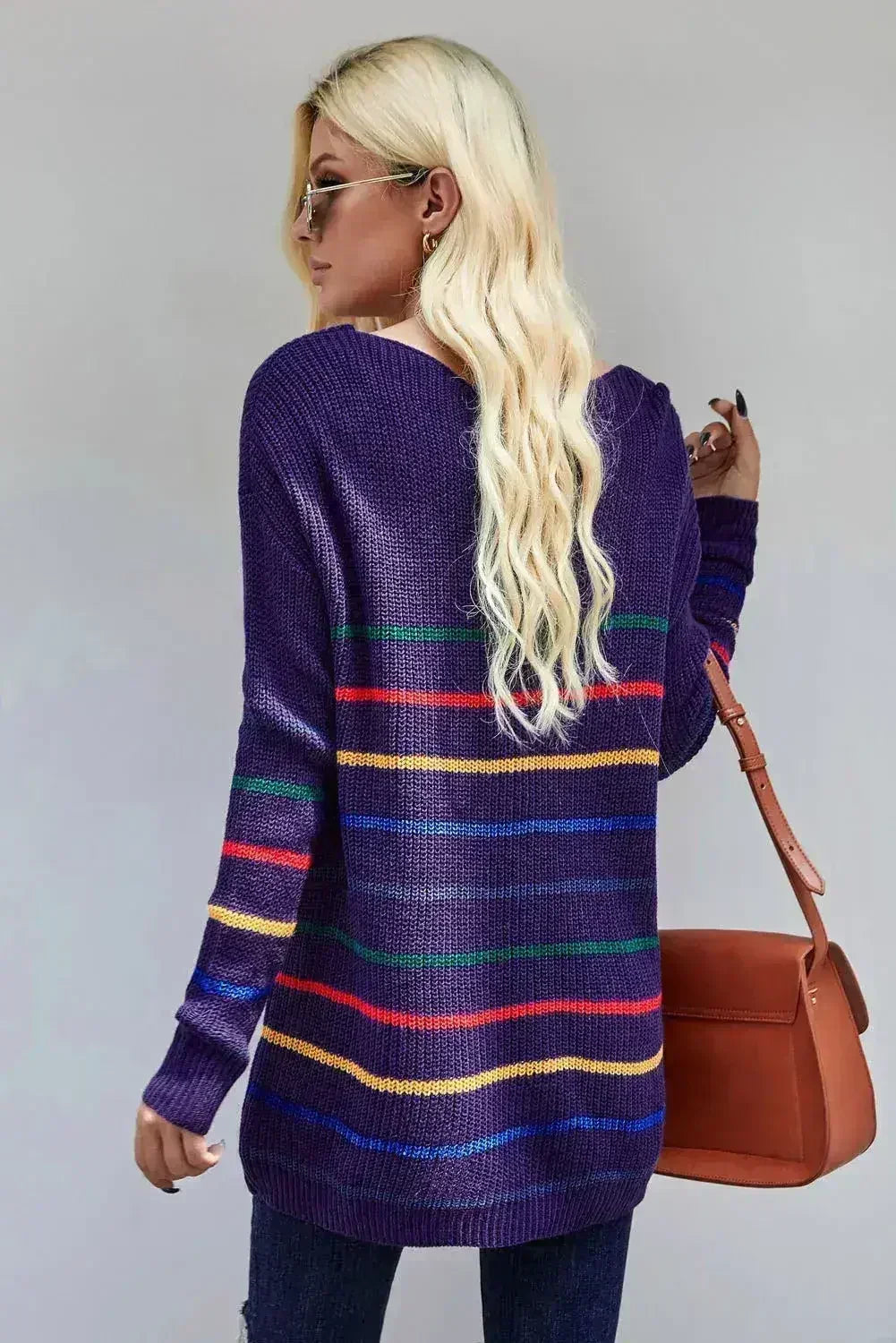 Blue Striped Loose Knit Sweater - SJB-DIAMOND ELITES