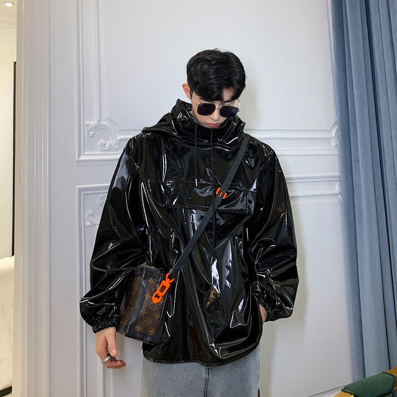 Stand collar hooded leather jacket Pi-Mart