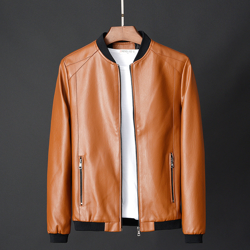 Slim Fit Men's PU Leather Jacket - Stand Collar Motorcycle Style Jacket (Regular Length) Pi-Mart