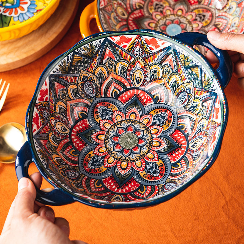 Yellow Green Wave Tree Pattern Flower Hand Painted Underglaze Binaural Ceramic Not Hot Hand Noodle Bowl Pi-Mart