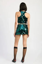 Sequin Emerald Green Mini Skirt – Sparkly with Thigh Slit | Sizes S-L