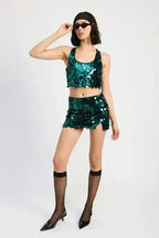 Sequin Emerald Green Mini Skirt – Sparkly with Thigh Slit | Sizes S-L