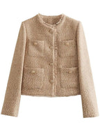 Luxury Camel Raw Hem Pocketed Round Neck Jacket Edgy & Casual Lightweight Outerwear Stevvex