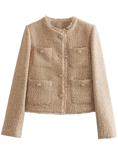 Luxury Camel Raw Hem Pocketed Round Neck Jacket Edgy & Casual Lightweight Outerwear Stevvex