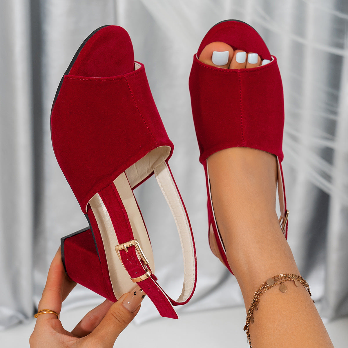 Women's Chunky Heel High Heel Matte Leather Buckle Open Toe Sandals Pi-Mart