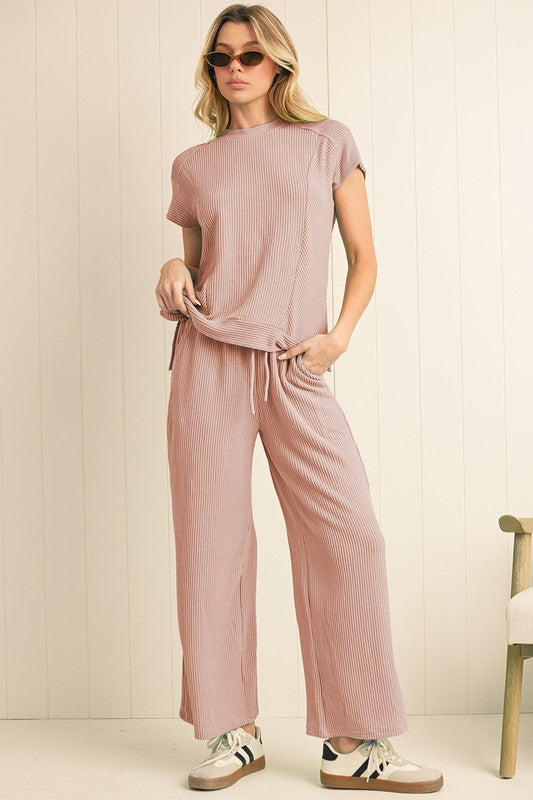Corded SPRING T Shirt and Wide Leg Pants Set THRIXINE