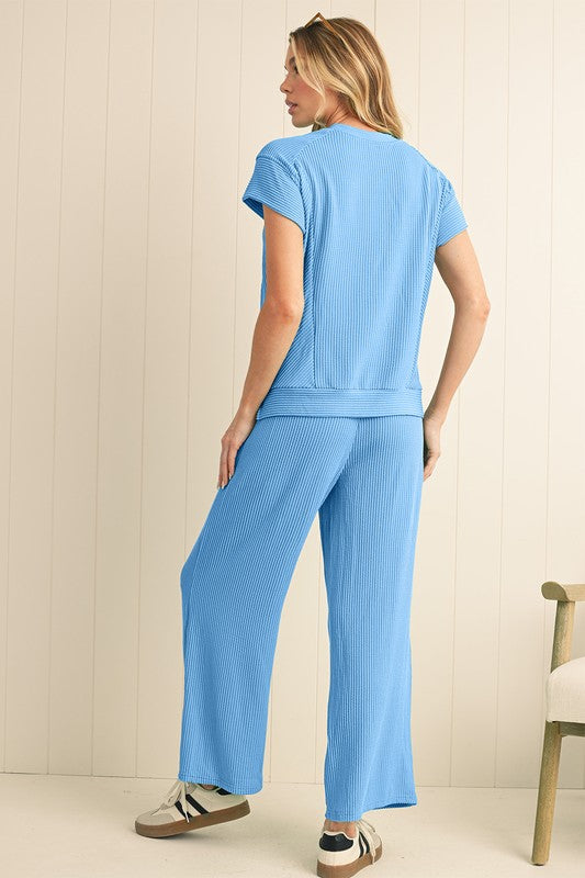 Corded SPRING T Shirt and Wide Leg Pants Set THRIXINE