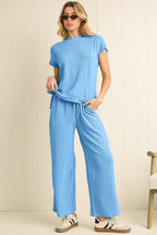 Corded SPRING T Shirt and Wide Leg Pants Set THRIXINE