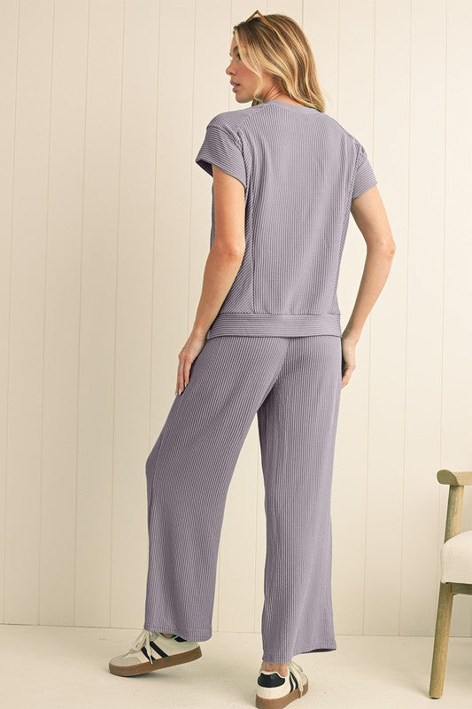 Corded SPRING T Shirt and Wide Leg Pants Set THRIXINE